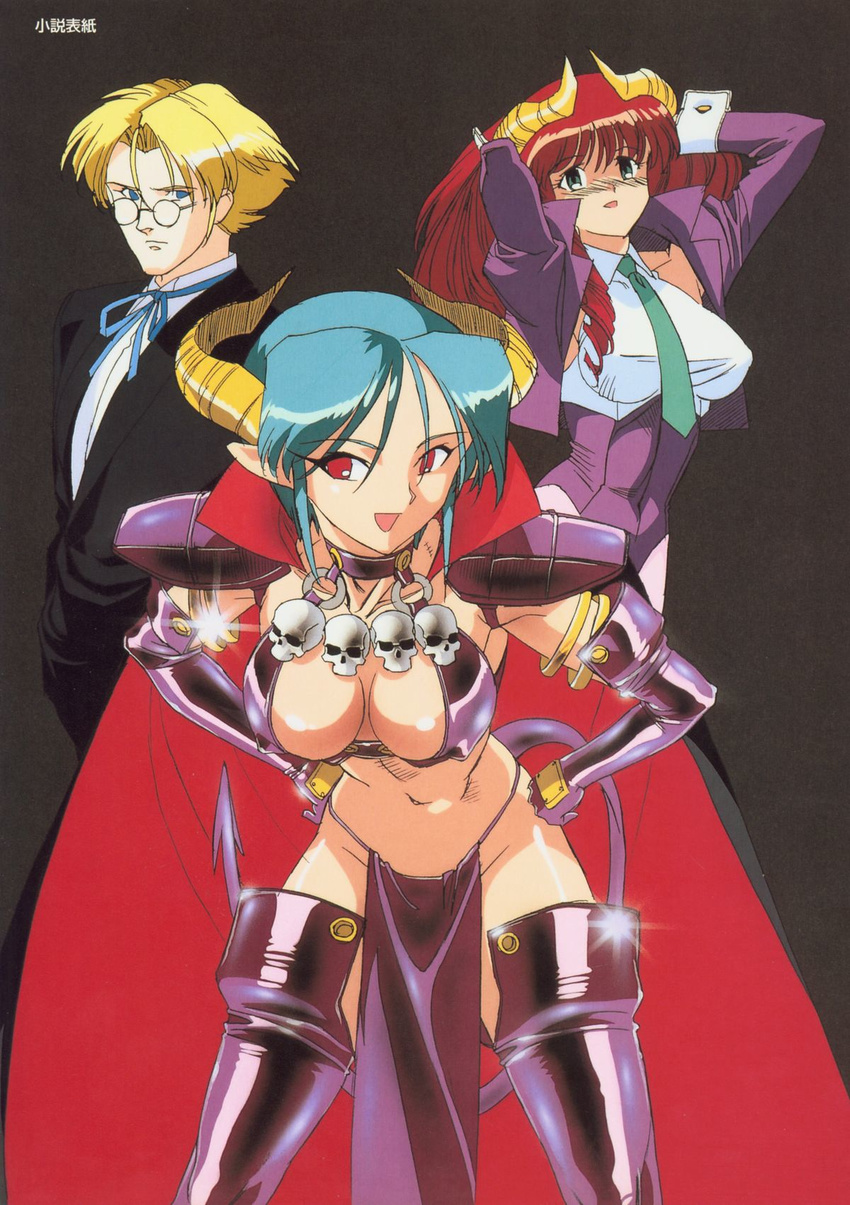 90s breasts cape carrera cleavage green_hair horns kimura_takahiro large_breasts mercedes mercedes_(viper) multiple_girls nipples official_art rally red_eyes red_hair skull sogna succubus tail tie viper_gts