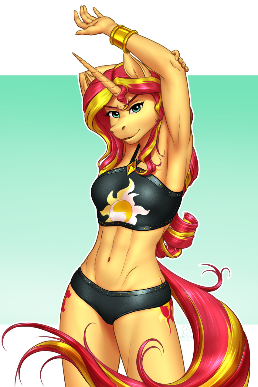 2019 absurd_res anthro arms_above_head blue_eyes breasts clothed clothing cutie_mark digital_media_(artwork) equestria_girls equine eyelashes female hair hi_res horn long_hair looking_at_viewer mammal midriff multicolored_hair multicolored_tail my_little_pony mykegreywolf navel solo sunset_shimmer_(eg) swimsuit two_tone_hair unicorn