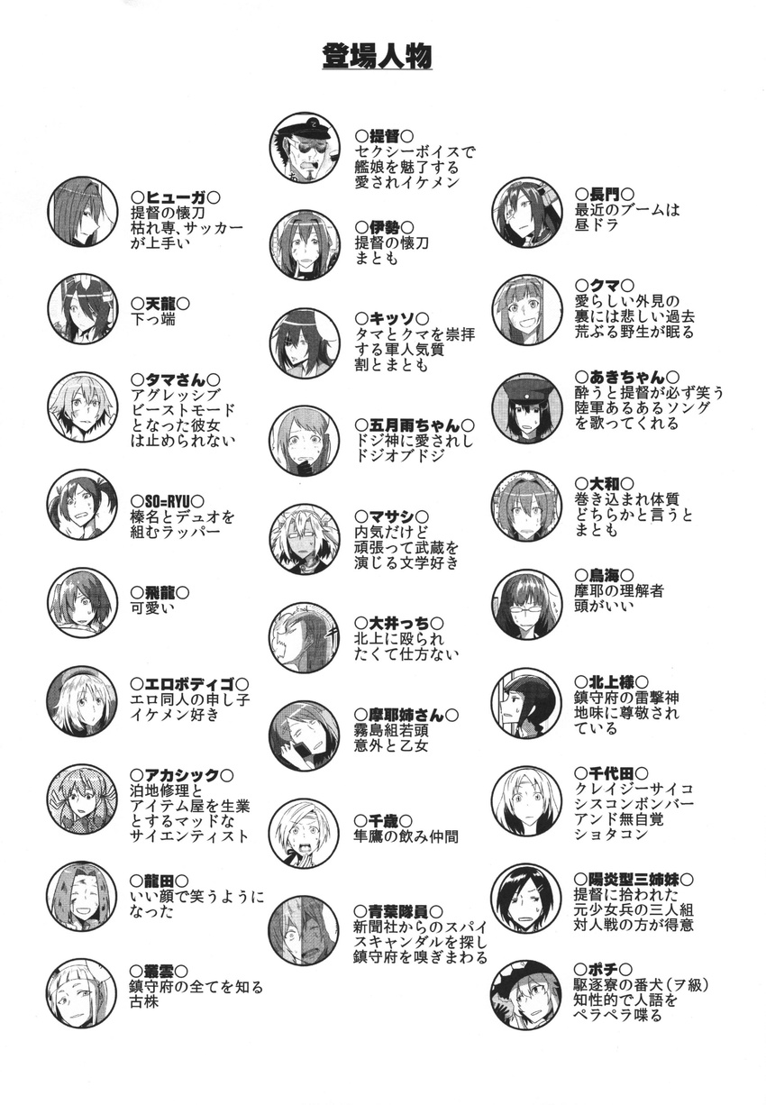 6+girls absurdres admiral_(kantai_collection) akashi_(kantai_collection) akitsu_maru_(kantai_collection) aoba_(kantai_collection) atago_(kantai_collection) birii character_sheet check_translation chitose_(kantai_collection) chiyoda_(kantai_collection) choukai_(kantai_collection) greyscale highres hiryuu_(kantai_collection) hyuuga_(kantai_collection) ise_(kantai_collection) kantai_collection kiso_(kantai_collection) kitakami_(kantai_collection) kuma_(kantai_collection) kuroshio_(kantai_collection) maya_(kantai_collection) monochrome multiple_girls murakumo_(kantai_collection) musashi_(kantai_collection) nagato_(kantai_collection) non-web_source ooi_(kantai_collection) partially_translated samidare_(kantai_collection) souryuu_(kantai_collection) tama_(kantai_collection) tenryuu_(kantai_collection) translation_request wo-class_aircraft_carrier yamato_(kantai_collection)