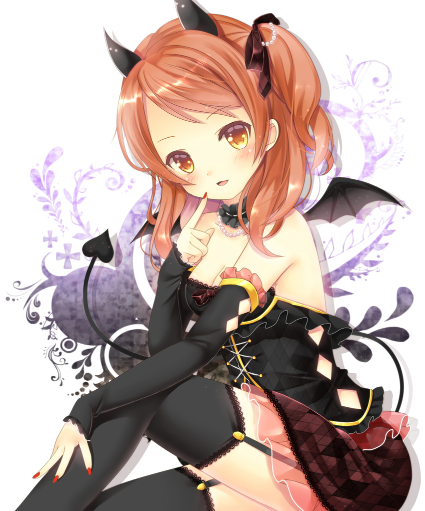 arm_warmers black_legwear blush breasts brown_hair choker cleavage demon_girl demon_horns demon_tail demon_wings garter_straps harukaruha highres horns houjou_karen idolmaster idolmaster_cinderella_girls medium_breasts side_ponytail smile solo tail thighhighs wings