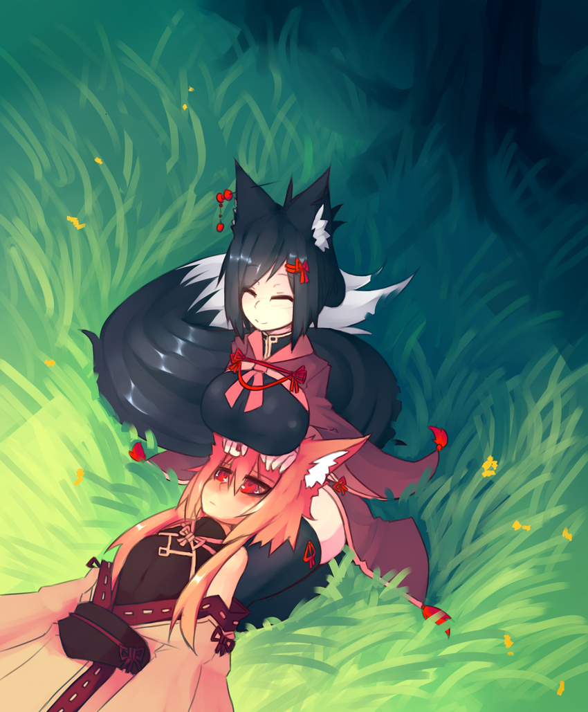 animal_ear_fluff animal_ears black_hair black_legwear blonde_hair breast_envy breasts closed_eyes fox_ears fox_tail grass hair_ribbon highres japanese_clothes kiri_(sub-res) lap_pillow large_breasts light_smile long_hair multiple_girls notched_ear original red_eyes ribbon short_hair sitting sub-res suzu_(sub-res) tail thighhighs tree