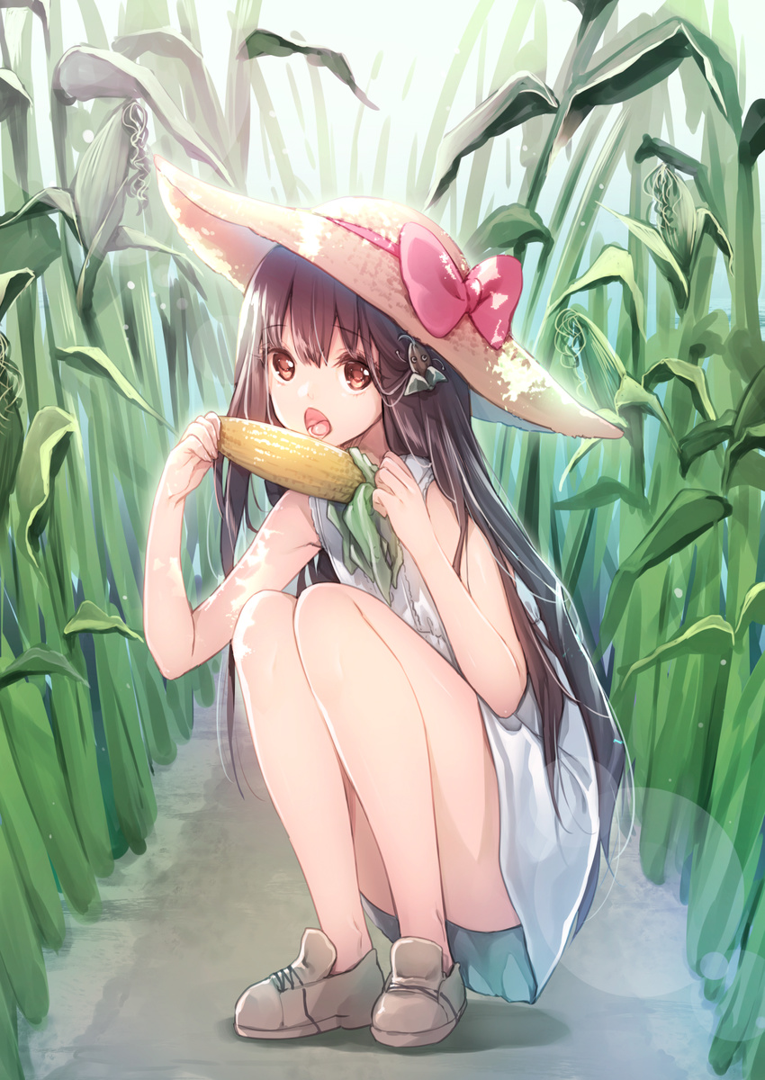 bare_legs black_hair bow cocoa_(cafe-hotcocoa) convenient_leg corn eating hat hat_bow hat_ornament highres long_hair looking_at_viewer no_socks original shoes solo squatting