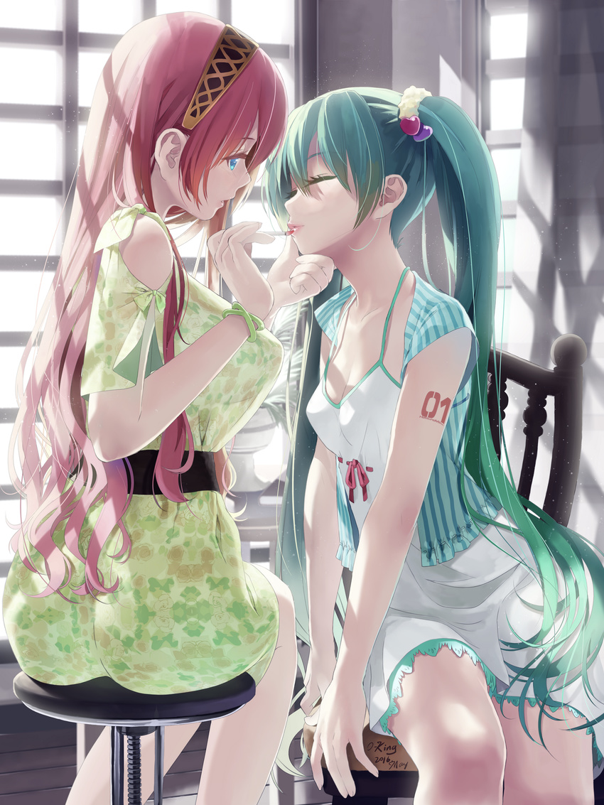 absurdres aqua_hair ass blue_eyes breasts chair cleavage closed_eyes dress hairband hatsune_miku highres large_breasts lipstick long_hair looking_at_another makeup medium_breasts megurine_luka multiple_girls okingjo pale_skin pink_hair profile scrunchie tattoo very_long_hair vocaloid window
