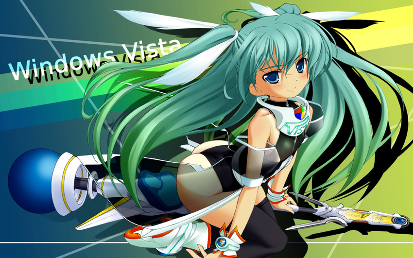 artist_request blue_eyes chiivistan green_hair long_hair os-tan solo thighhighs twintails vista-tan wallpaper