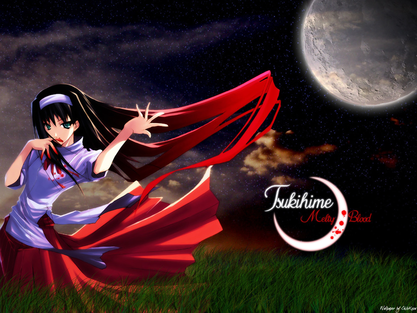 arm_up bangs blood bloody_clothes bloody_hands closed_mouth copyright_name crescent_moon field finger_to_mouth floating_hair grass green_eyes hairband highres long_hair long_skirt looking_at_viewer looking_back moon outdoors plant purple_shirt red_skirt shingo_(missing_link) shirt short_sleeves skirt smile solo toono_akiha tsukihime tsurime very_long_hair wallpaper white_hairband wind