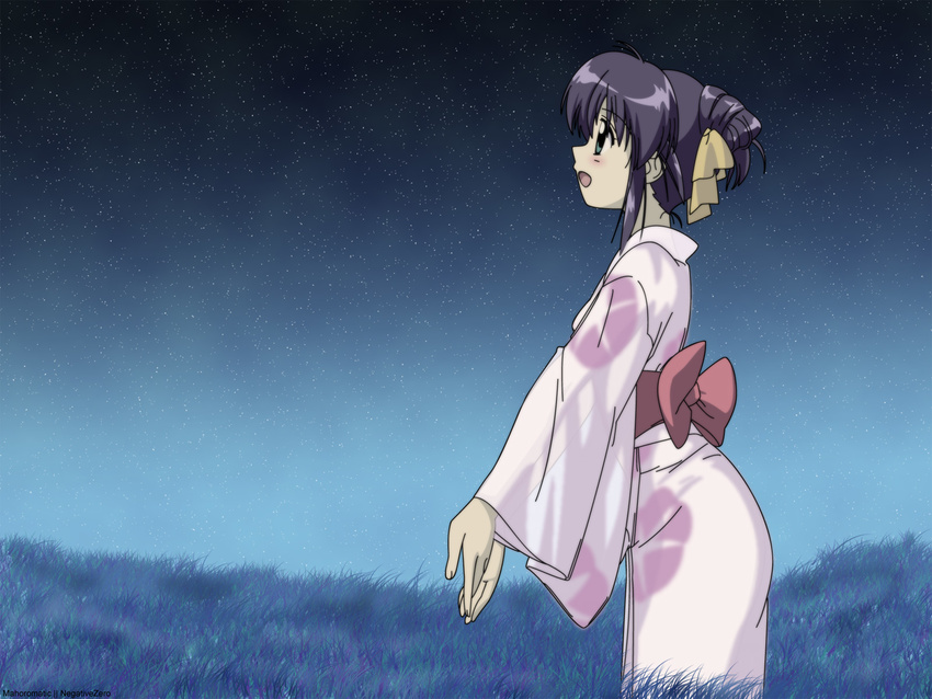:d andou_mahoro artist_request black_hair blush from_side highres japanese_clothes long_sleeves mahoromatic night night_sky open_mouth outdoors profile purple_eyes short_hair sky smile solo standing wide_sleeves