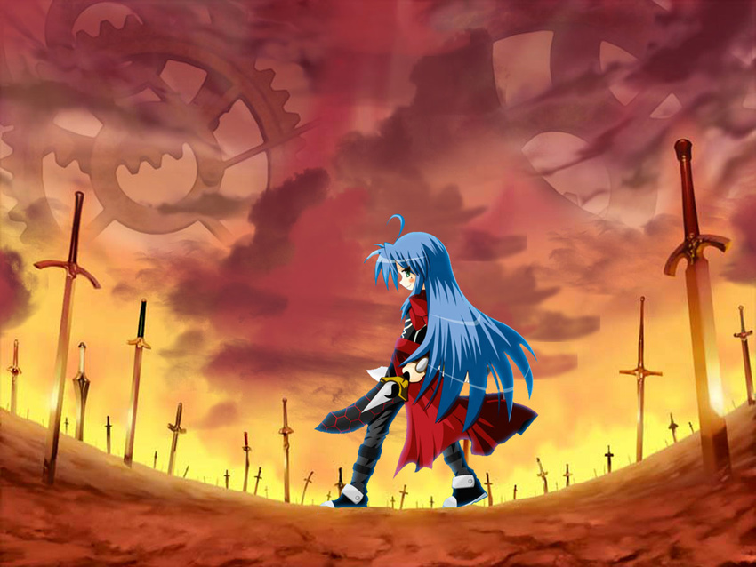 archer archer_(cosplay) artist_request cosplay crossover fate/stay_night fate_(series) izumi_konata kanshou_&amp;_bakuya lucky_star solo sword unlimited_blade_works wallpaper weapon