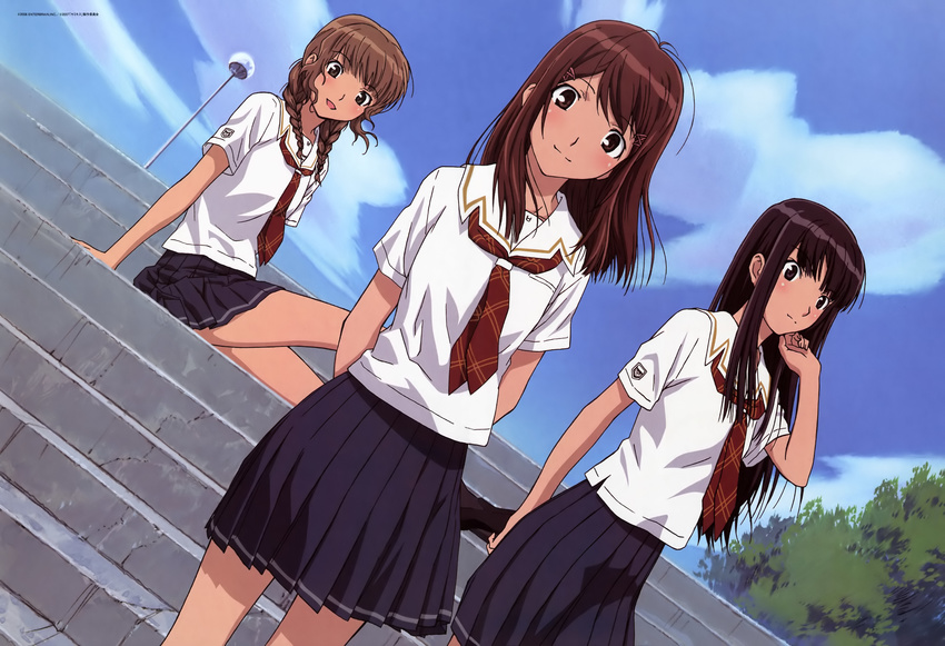 absurdres artist_request black_eyes black_hair blush braid brown_eyes brown_hair cloud day futami_eriko highres hoshino_yuumi kibina_high_school_uniform kimi_kiss long_hair mizusawa_mao multiple_girls school_uniform serafuku sitting sitting_on_stairs skirt sky stairs twin_braids