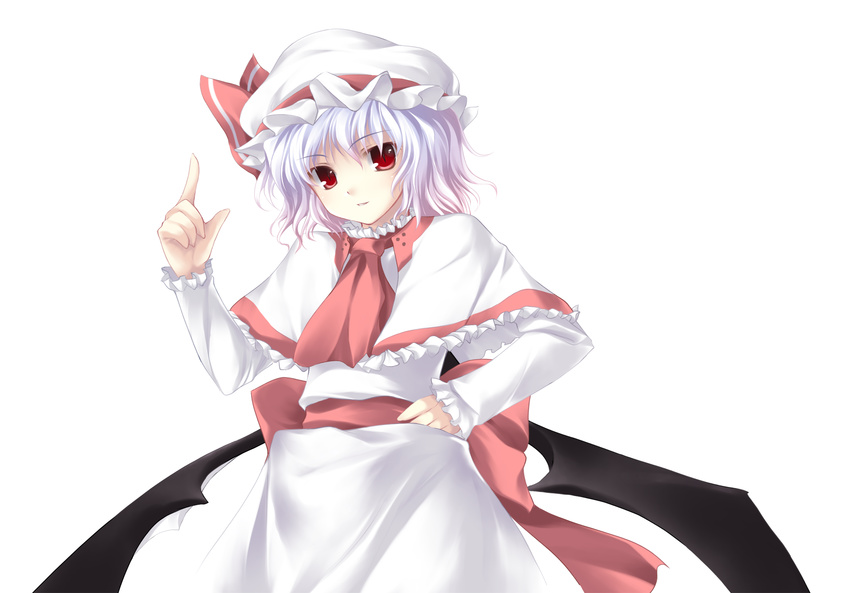 bat_wings hand_on_hip hat highres index_finger_raised lavender_hair long_sleeves looking_at_viewer low_wings non-web_source pointing pointing_up red_eyes remilia_scarlet short_hair simple_background slit_pupils solo tateha_(marvelous_grace) touhou white_hat wings