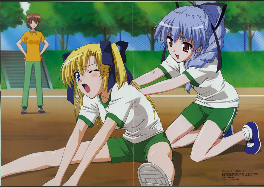 :d ;o age_difference blonde_hair blue_eyes blue_hair blush bow braid brown_hair canvas_2 chain-link_fence crease day fence flat_chest from_side fujinami_tomoko green_eyes gym_uniform hair_bow hair_over_shoulder hair_ribbon hands_on_hips high_ponytail highres housen_elis kikyou_kiri kneeling leaning_forward long_hair magazine_scan megami mouth_hold multiple_girls nitta_yasunari non-web_source official_art on_ground one_eye_closed open_mouth outdoors pants ponytail red_eyes ribbon scan shirt shoes short_hair short_sleeves shorts single_braid sitting smile sneakers socks spread_legs stairs standing stretch t-shirt teacher tomboy track_pants tree two_side_up v_arms very_short_hair whistle wince