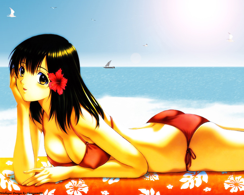 ass back beach bikini black_hair blush boat breasts day flower hair_flower hair_ornament hibiscus ichigo_100_percent large_breasts lying on_stomach outdoors side-tie_bikini sky smile solo swimsuit third-party_edit toujou_aya towel wallpaper water watercraft yellow_eyes yoshizane_akihiro