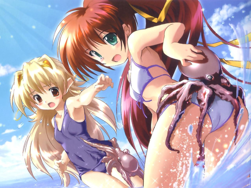 :o aoi_sora_no_neosphere aqua_eyes armpits ass ass_grab bangs bikini blonde_hair blue_swimsuit blush breasts cloud covered_navel cowboy_shot day dutch_angle earrings elincie_yerthrop from_side front-tie_bikini front-tie_top gradient_hair hair_ornament hair_ribbon high_ponytail hoop_earrings jewelry jpeg_artifacts komatsu_eiji leaning_forward long_hair long_pointy_ears looking_at_viewer looking_back looking_down multicolored_hair multiple_girls nanoca_flanka ocean octopus one-piece_swimsuit outdoors outstretched_arm pointy_ears ponytail raised_eyebrows red_eyes red_hair ribbon school_swimsuit shiny shiny_hair sky small_breasts sparkle splashing string_bikini surprised swimsuit thigh_gap thigh_grab very_long_hair wading water white_bikini