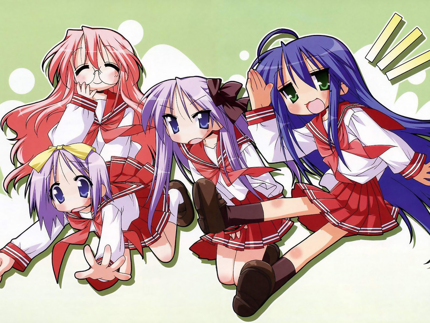 :3 ahoge blue_eyes blue_hair blush bow closed_eyes duplicate glasses green_eyes hair_bow hair_ribbon highres hiiragi_kagami hiiragi_tsukasa izumi_konata jpeg_artifacts kneeling long_hair lucky_star lucky_star_~ryouou_gakuen_outousai~ mole mole_under_eye multiple_girls open_mouth pink_hair pleated_skirt purple_hair ribbon ryouou_school_uniform salute school_uniform serafuku shoes short_hair siblings sisters sitting skirt smile socks takara_miyuki tripping twins twintails very_long_hair wallpaper yoshimizu_kagami