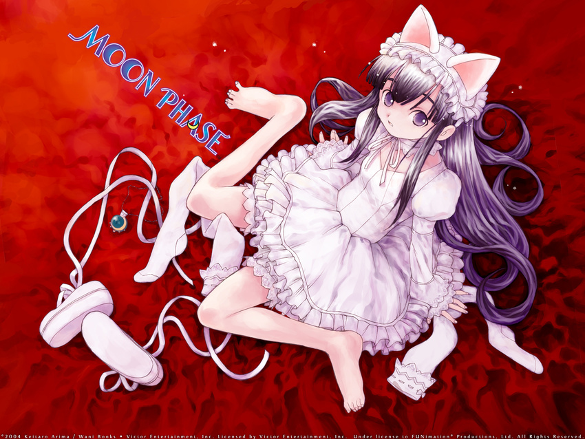 1girl 2004 animal_ears arima_keitarou barefoot cat_ears catgirl child choker dated dress fake_animal_ears feet female hazuki hazuki_(tsukuyomi) lolita_fashion long_hair looking_at_viewer official_art open_\m/ purple_eyes purple_hair scan shoes_removed sitting socks solo straight_hair thighhighs tsukuyomi_moon_phase tsukuyomi_moonphase very_long_hair white_legwear