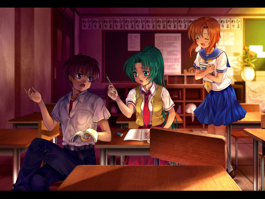 2girls desk green_hair higurashi_no_naku_koro_ni maebara_keiichi multiple_girls mutsuki_(moonknives) ryuuguu_rena school school_uniform sonozaki_mion wallpaper