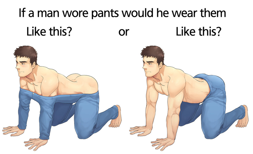ass bara barefoot blush brown_hair butt_crack english looking_away male_focus solo sweat text topless winemvee