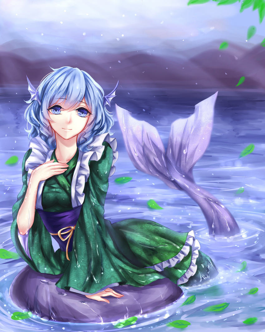 absurdres bad_id bad_pixiv_id bangs blue_eyes blue_hair day frilled_kimono frills hair_between_eyes hand_on_own_chest head_fins highres japanese_clothes kimono lake light_particles light_rays looking_at_viewer mermaid misty_lake monster_girl mountain obi partially_submerged petals ribbon ripples rock sash sheya short_hair silhouette smile solo touhou wakasagihime water wet