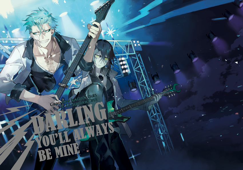 alternate_costume arrancar black_hair bleach blue_eyes blue_hair character_name clenched_teeth closed_mouth dutch_angle electric_guitar english espada expressionless green_eyes grimmjow_jaegerjaquez grin guitar hair_between_eyes instrument jitome light_rays looking_at_viewer multiple_boys music pale_skin playing_instrument smile stage_lights standing starshadowmagician teeth ulquiorra_cifer