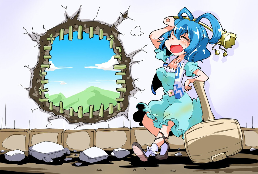 blue_dress blue_hair closed_eyes commentary cross-laced_footwear dress flower hair_ornament hair_stick hammer hole_in_wall kaku_seiga open_mouth puffy_short_sleeves puffy_sleeves rubble shinapuu short_sleeves smile socks solo sweat touhou vest wall white_vest