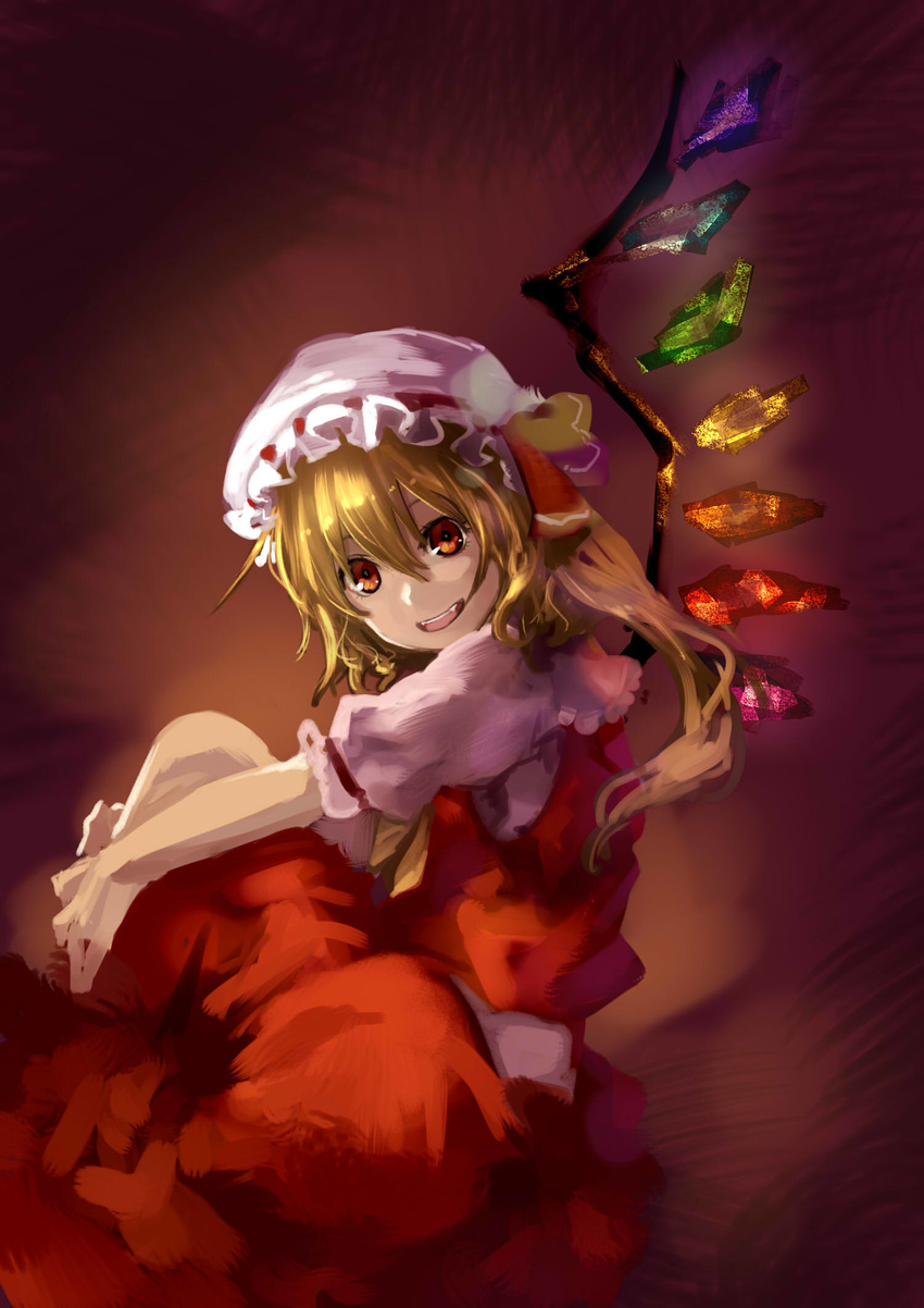 blonde_hair bow flandre_scarlet hat hat_bow highres holding_legs i-la looking_at_viewer mob_cap open_mouth red_eyes solo touhou wings