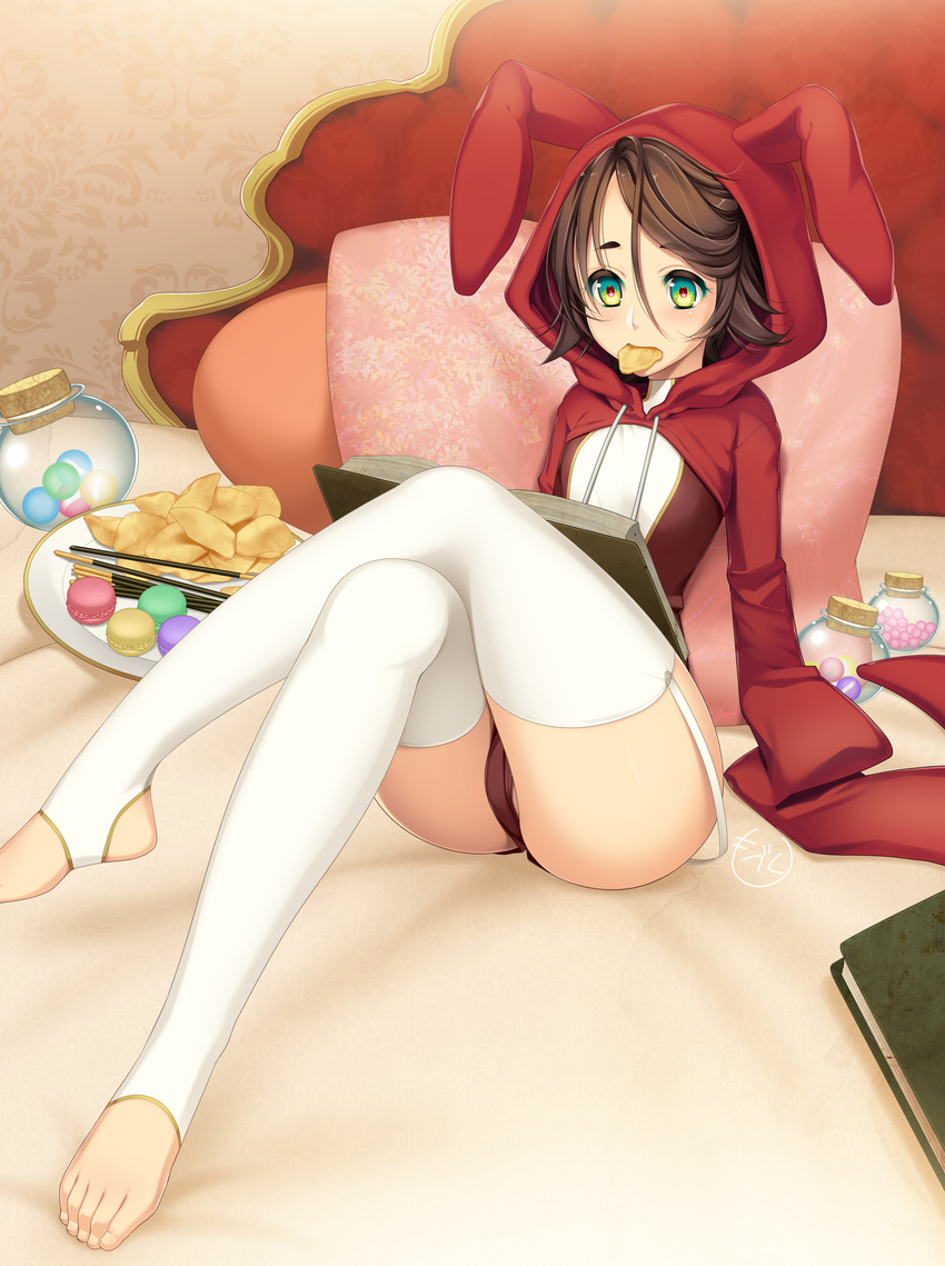 animal_ears animal_hood bed book brown_hair bunny_ears candy chips crossed_legs eating fake_animal_ears food garter_straps green_eyes highres hood jar leggings macaron mouth_hold original oyuki_(otozuki_mozuku) panties pillow plate pocky potato_chips reading short_hair sitting sleeves_past_wrists solo stirrup_legwear thighhighs toeless_legwear underwear white_legwear