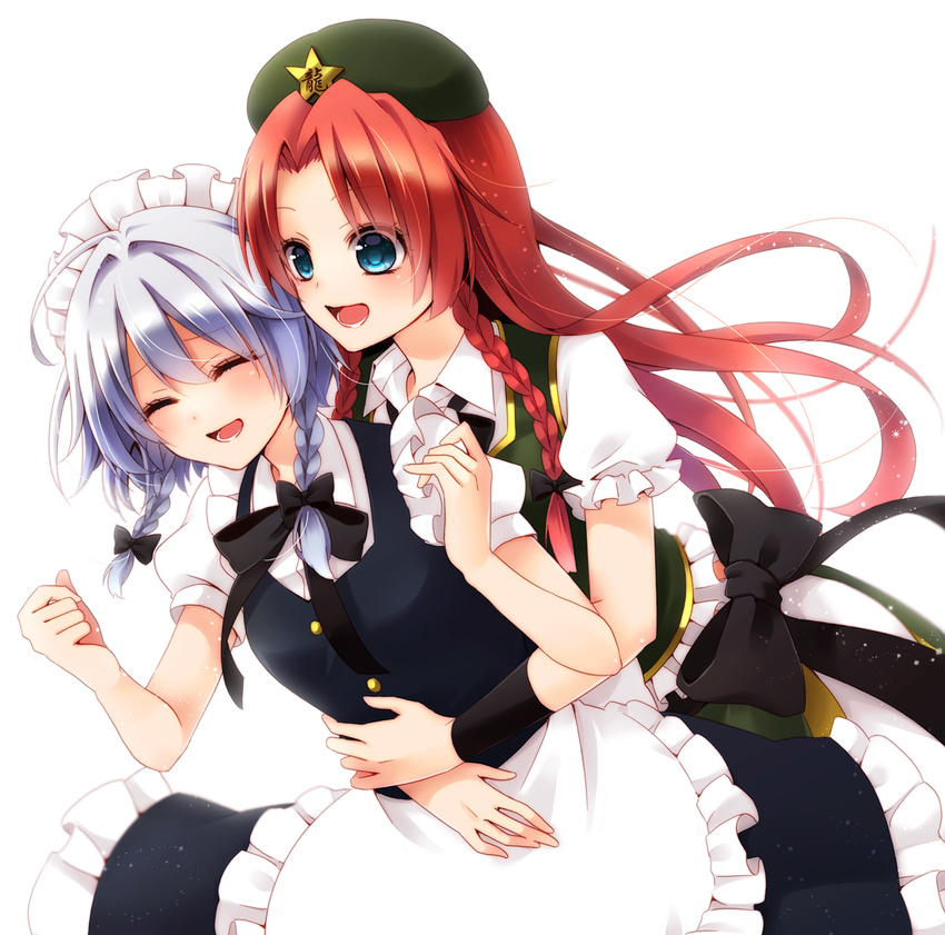 ^_^ ahoge apron beret blue_dress blue_eyes braid chinese_clothes chitose_(usacan) closed_eyes dress hair_between_eyes hair_ribbon happy hat hong_meiling hug hug_from_behind izayoi_sakuya long_hair looking_at_another maid maid_headdress multiple_girls open_mouth puffy_short_sleeves puffy_sleeves red_hair ribbon shirt short_hair short_sleeves side_slit silver_hair simple_background star touhou tress_ribbon twin_braids waist_apron white_shirt yuri