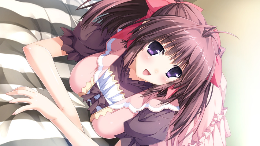 bed berry's berry's blush brown_hair dress game_cg hair_bow highres izuno_youko looking_at_viewer open_mouth purple_eyes short_hair sphere