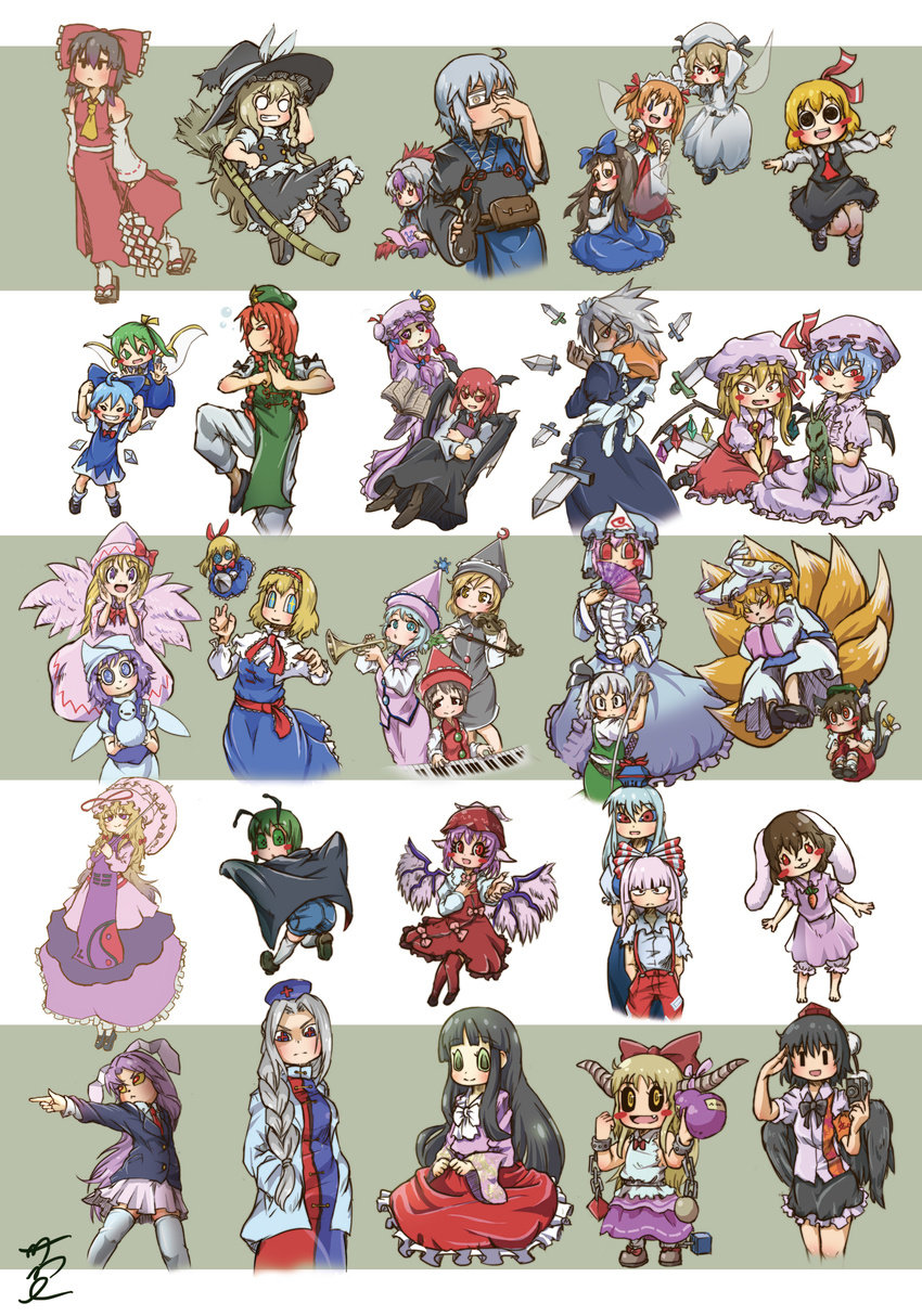 1boy 6+girls :d absurdres ahoge alice_margatroid alternate_eye_color animal_ears antennae ascot bangs bat_wings beret bespectacled black_bow black_hair black_neckwear black_sclera black_skirt black_wings blonde_hair blue_bow blue_eyes blue_hair blue_sclera blunt_bangs blush_stickers book bottle bow bowtie braid broom brown_hair bunny_ears button_eyes camera cape capelet carrot_necklace cat_ears cat_tail center_frills chain chamaji chen chupacabra cirno cuffs daiyousei demon_girl demon_wings detached_sleeves doll dress eyebrows_visible_through_hair fairy_wings fan flandre_scarlet floppy_ears folding_fan food fox_tail frilled_dress frilled_skirt frills fujiwara_no_mokou geta glasses gohei gourd green_eyes green_hair grin hair_between_eyes hair_bow hair_ribbon hair_tubes hairband hakurei_reimu hands_in_opposite_sleeves hat hat_bow head_wings highres holding holding_book holding_bottle holding_camera holding_fan holding_instrument holding_sword holding_umbrella holding_weapon hong_meiling horns houraisan_kaguya ibuki_suika imperishable_night inaba_tewi instrument izayoi_sakuya jojo_no_kimyou_na_bouken jojo_pose kamishirasawa_keine keyboard_(instrument) kirisame_marisa knife koakuma konpaku_youmu labcoat lavender_hair letty_whiterock lily_white long_hair long_sleeves luna_child lunasa_prismriver lyrica_prismriver merlin_prismriver morichika_rinnosuke multicolored_hair multiple_girls multiple_tails mystia_lorelei nurse_cap o_o oonusa open_mouth orange_hair organ outstretched_arms parasol patchouli_knowledge perfect_cherry_blossom pillow_hat pink_bow pink_hair pink_neckwear pose puffy_short_sleeves puffy_sleeves purple_eyes purple_hair red_bow red_eyes red_hair red_legwear red_neckwear red_skirt reisen_udongein_inaba remilia_scarlet ribbon rumia saigyouji_yuyuko shameimaru_aya shanghai_doll shoes short_hair short_sleeves signature silver_hair skirt smile snowman socks spread_arms star_sapphire sunny_milk sword symbol-shaped_pupils tabard tail tassel the_embodiment_of_scarlet_devil thighhighs tokiko_(touhou) tokin_hat torn_clothes torn_sleeves touhou tress_ribbon triangular_headpiece trumpet tupai_(touhou) twin_braids twintails umbrella v-shaped_eyebrows violin weapon white_bow white_legwear white_neckwear wide_sleeves wings witch_hat wriggle_nightbug yagokoro_eirin yakumo_ran yakumo_yukari yellow_bow yellow_eyes yellow_neckwear yellow_sclera |_|