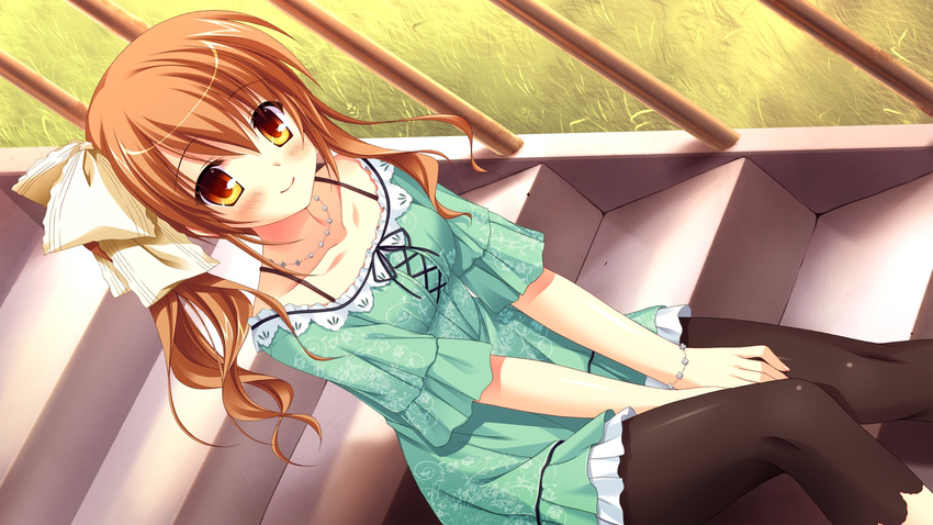 blush brown_eyes brown_hair chuablesoft dress female game_cg highres long_hair lovera_bride omigawa_hitomi pantyhose sitting snile solo takano_yuki yellow_eyes