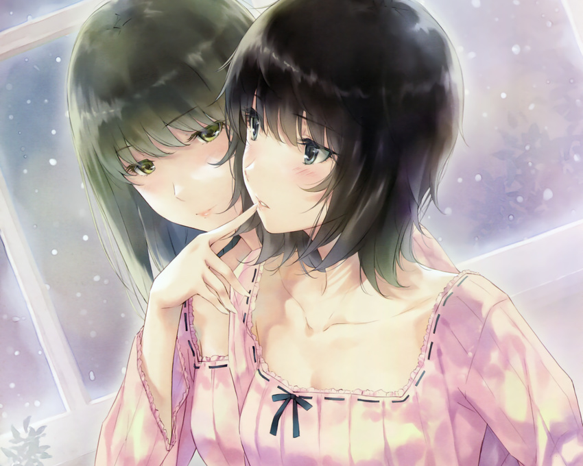 2girls black_hair close cropped dress green_eyes green_hair innocent_grey original scan shoujo_ai sugina_miki takasaki_chidori yaegaki_erika