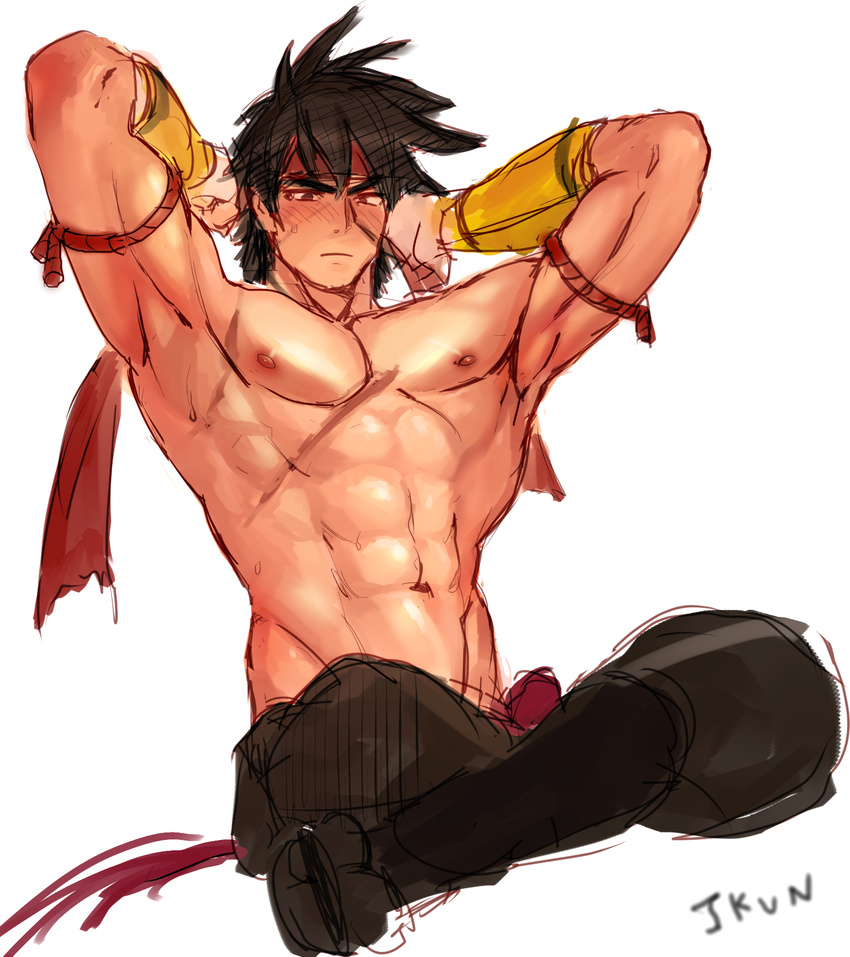 abs armpits arms_up bad_id bad_pixiv_id blush brown_hair dungeon_and_fighter headband highres indian_style male_fighter_(dungeon_and_fighter) male_focus muscle nipples pectorals shirtless sitting solo spiked_hair striker_(dungeon_and_fighter) talonez tying_headband