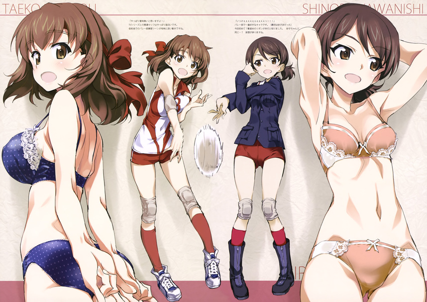 :d absurdres armpits arms_behind_back arms_up blue_bra blue_panties blush boots bra breasts breasts_apart brown_eyes brown_hair collarbone elbow_pads girls_und_panzer headband highres kawanishi_shinobu knee_pads kneehighs kondou_taeko kurashima_tomoyasu large_breasts long_sleeves looking_to_the_side military military_uniform multiple_girls multiple_views navel ooarai_military_uniform open_mouth panties pink_bra pink_panties polka_dot polka_dot_bra polka_dot_panties ponytail red_legwear red_ribbon ribbon shirt shoes short_hair short_shorts shorts sleeveless sleeveless_shirt smile sneakers sportswear underwear underwear_only uniform volleyball volleyball_uniform