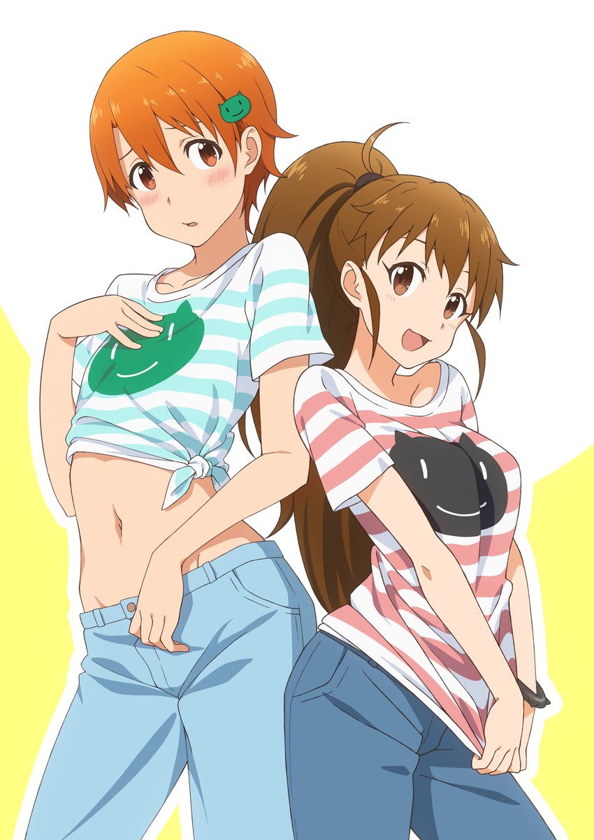 absurdres blush brown_eyes brown_hair casual commentary_request crop_top denim hair_ornament hairpin highres inami_mahiru jeans long_hair midiman multiple_girls navel open_mouth orange_eyes orange_hair pants ponytail shirt short_hair smile striped striped_shirt taneshima_popura working!!