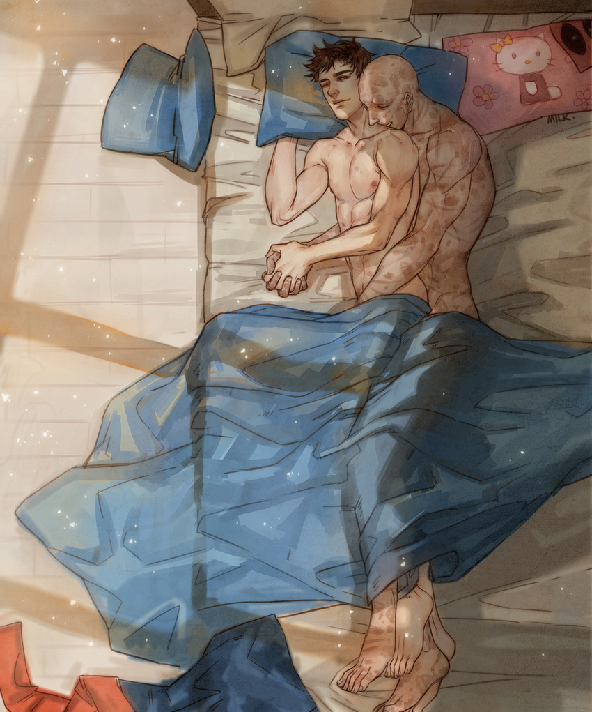 aftersex bara barefoot bed bed_sheet blanket deadpool feet kiss male_focus muscle pecs pillow scar smile spider-man toes wince yaoi