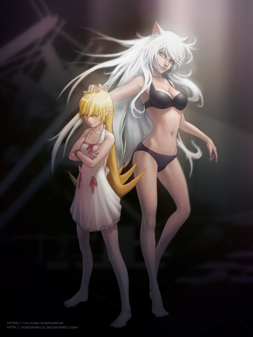 absurdres animal_ears barefoot black_bra black_hanekawa black_panties blonde_hair blush bra bracelet breasts cat_ears cleavage dress hand_on_head hanekawa_tsubasa height_difference highres jewelry konstantin_krutikhin large_breasts long_hair midriff monogatari_(series) multiple_girls navel oshino_shinobu panties smile stomach underwear very_long_hair watermark web_address white_hair yellow_eyes