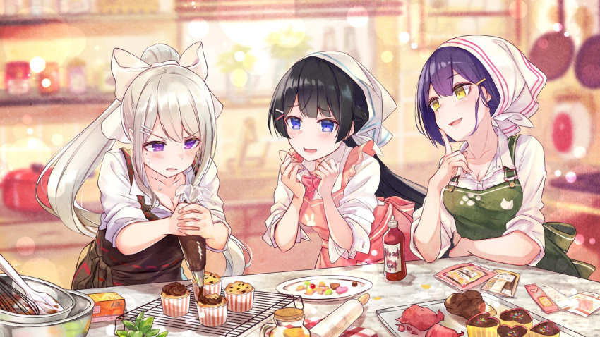 3girls :d apron black_hair blurry blurry_background blush bottle bow brat breasts brown_apron cleavage collarbone collared_shirt commentary_request cupcake depth_of_field dress_shirt fingernails food green_apron hair_bow head_scarf heart high_ponytail highres higuchi_kaede holding indoors long_hair medium_breasts multiple_girls nijisanji open_mouth own_hands_together parted_lips pastry_bag pink_apron pink_bow plate ponytail purple_eyes purple_hair rolling_pin shirt shizuka_rin short_hair short_sleeves silver_hair smile spatula sweat tsukino_mito very_long_hair virtual_youtuber whisk white_bow white_shirt