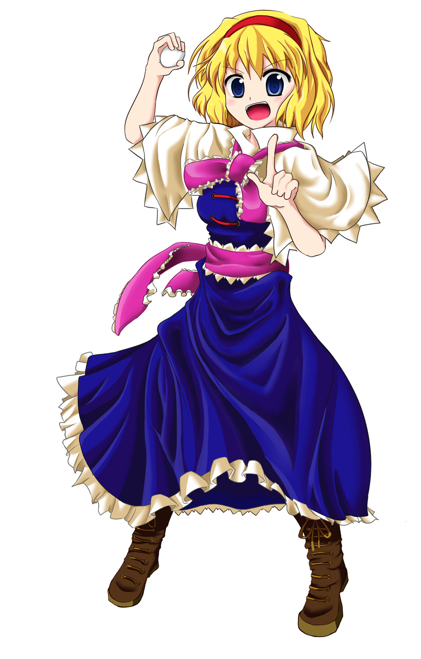 alice_margatroid bangs blonde_hair blue_dress blue_eyes boots brown_footwear capelet commentary_request dress egg frilled_dress frills full_body hairband highres kenpi_(hs-totyu) looking_at_viewer open_mouth sash short_hair solo standing touhou white_background white_capelet