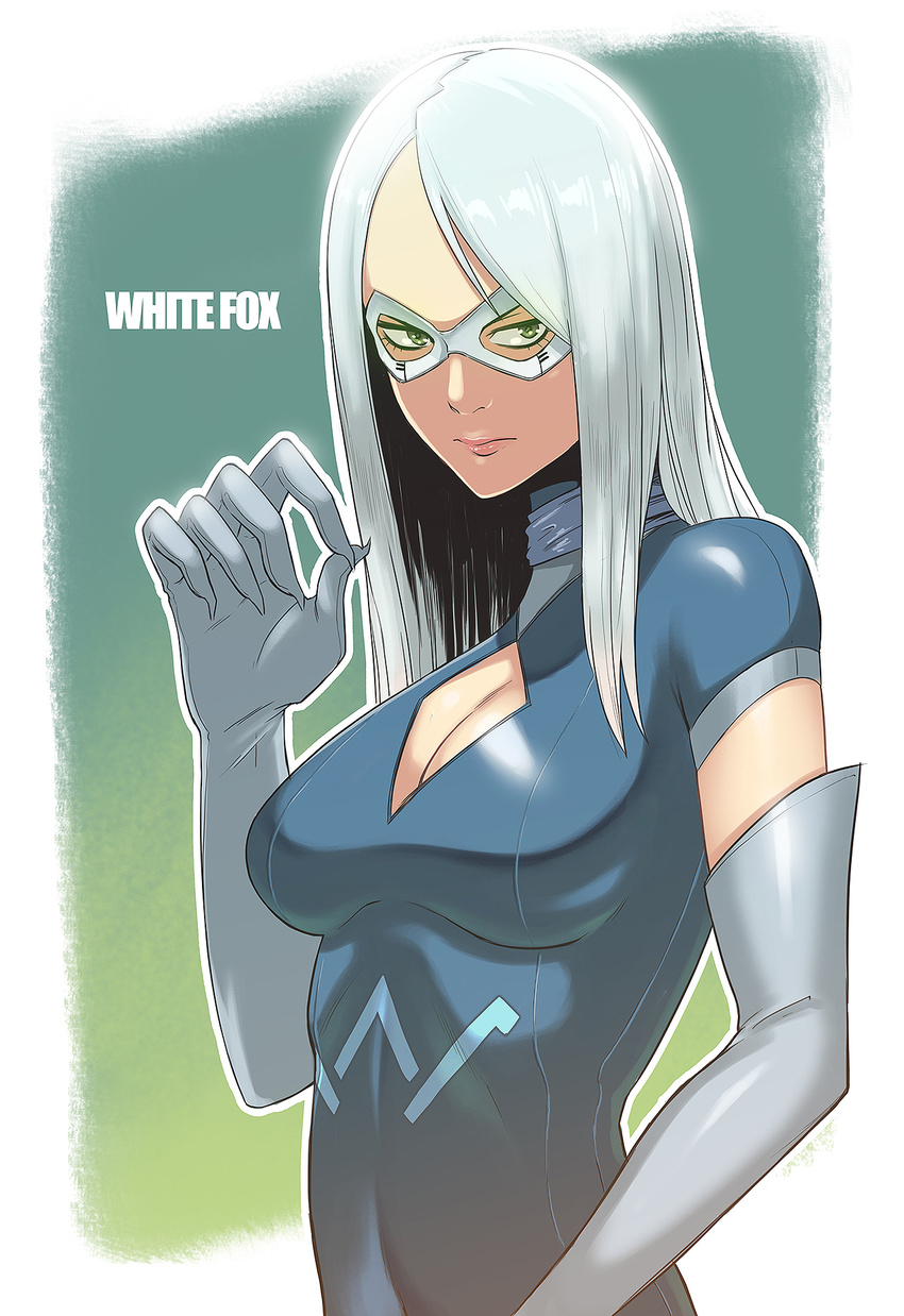 breasts character_name cleavage gloves green_eyes highres large_breasts long_hair marvel mask purplevortex solo white_fox white_hair