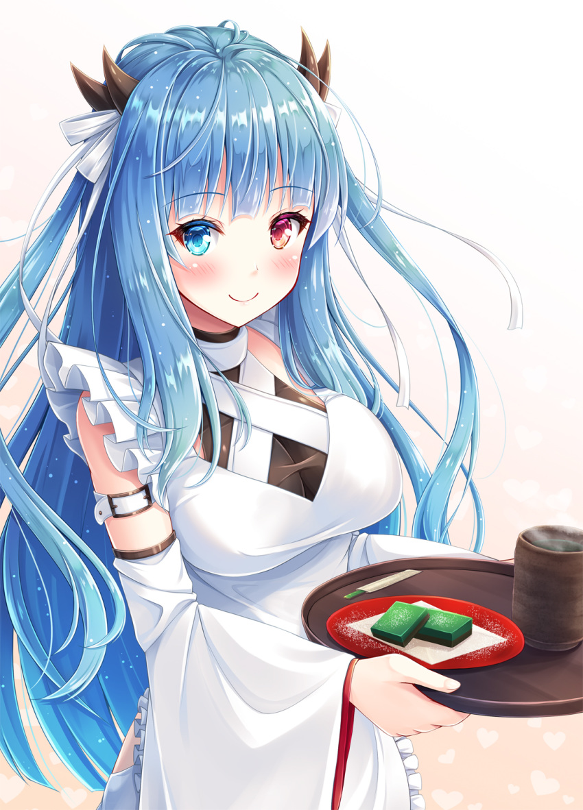 1girl akashio_(loli_ace) apron arm_belt azur_lane bangs bare_shoulders blue_eyes blue_hair blunt_bangs blush breasts closed_mouth commentary_request cowboy_shot cup detached_sleeves eyebrows_visible_through_hair food frilled_apron frills gradient gradient_background hair_ribbon heart heterochromia highres holding holding_tray horns ibuki_(azur_lane) long_hair long_sleeves looking_at_viewer medium_breasts plate red_eyes ribbon sidelocks smile solo standing steam tray very_long_hair wagashi white_background white_ribbon wide_sleeves yunomi
