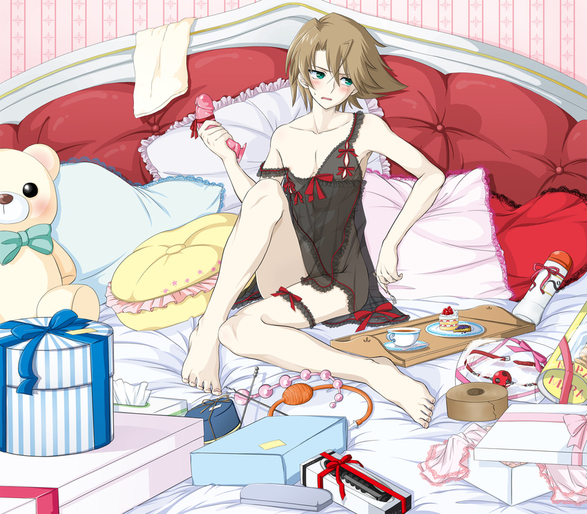 1boy barefoot bed blush brown_hair cardfight!!_vanguard dildo green_eyes kai_toshiki looking_away male_focus muscle nipples pillow present sex_toy solo tissue