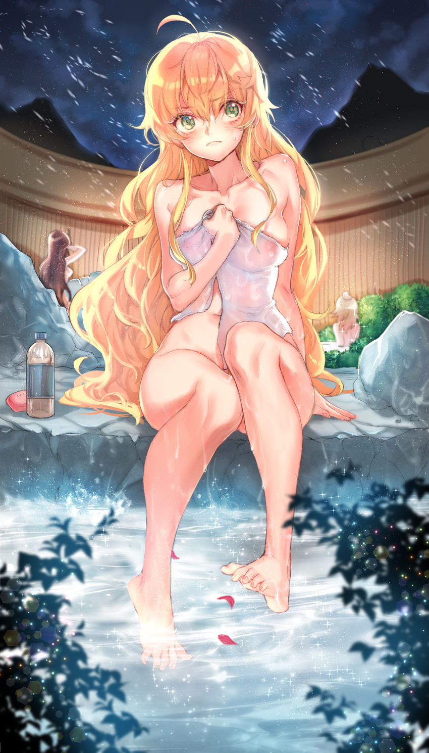 absurdres ahoge arm_support bare_legs bare_shoulders barefoot blonde_hair blush breasts brown_hair character_request collarbone commentary_request copyright_request covered_nipples feet full_body green_eyes highres legs long_hair medium_breasts multiple_girls naked_towel nature navel nipples onsen outdoors see-through sitting soaking_feet solo_focus towel water wet wet_towel zuizi