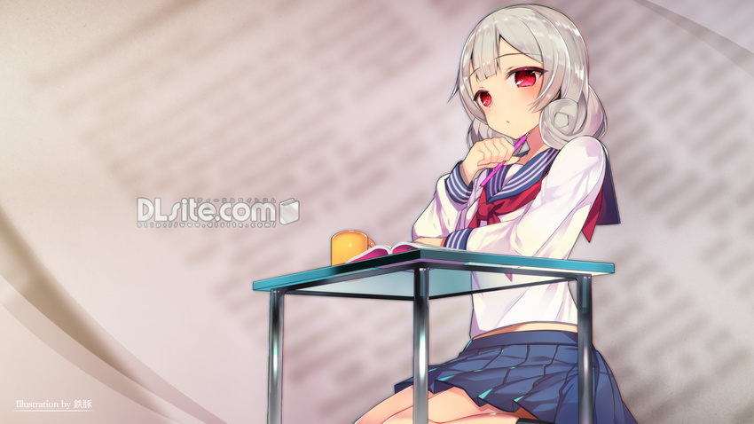 book dlsite.com drink gray_hair logo original red_eyes seifuku short_hair tagme_(artist) watermark xi_lily