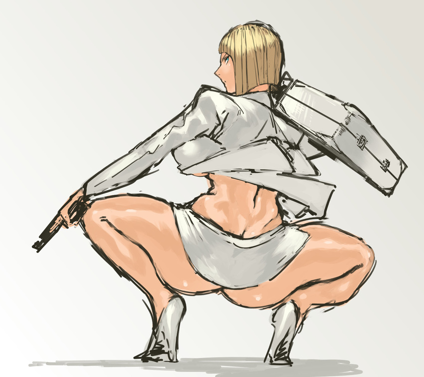 aqua_eyes ass back bangs blonde_hair blue_eyes breasts female gradient gradient_background grey_background gun holding holding_weapon jacket long_sleeves looking_at_viewer looking_back microskirt miniskirt nameo_(judgemasterkou) no_shirt profile revealing_clothes shadow shoes short_hair sitting skirt solo spread_legs squatting suit suitcase weapon white_jacket white_shoes white_skirt