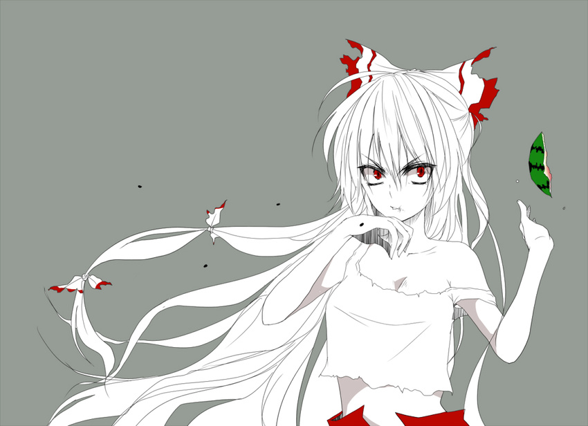 alternate_costume bare_shoulders bow breasts cleavage commentary_request crop_top crop_top_overhang eating food fruit fujiwara_no_mokou grey_background hair_bow ifuji_sakura long_hair looking_at_viewer medium_breasts red_eyes sketch sleeveless solo spot_color touhou tsurime upper_body very_long_hair watermelon white_hair