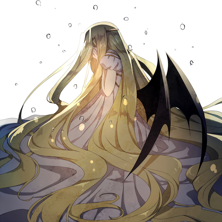 absurdly_long_hair akami_fumio black_wings blonde_hair circlet covered_face covering_face demon_wings dress emeraude_(rayearth) from_behind hands_on_own_face highres long_hair magic_knight_rayearth puffy_short_sleeves puffy_sleeves shade short_sleeves sitting solo very_long_hair water_drop weapon wings