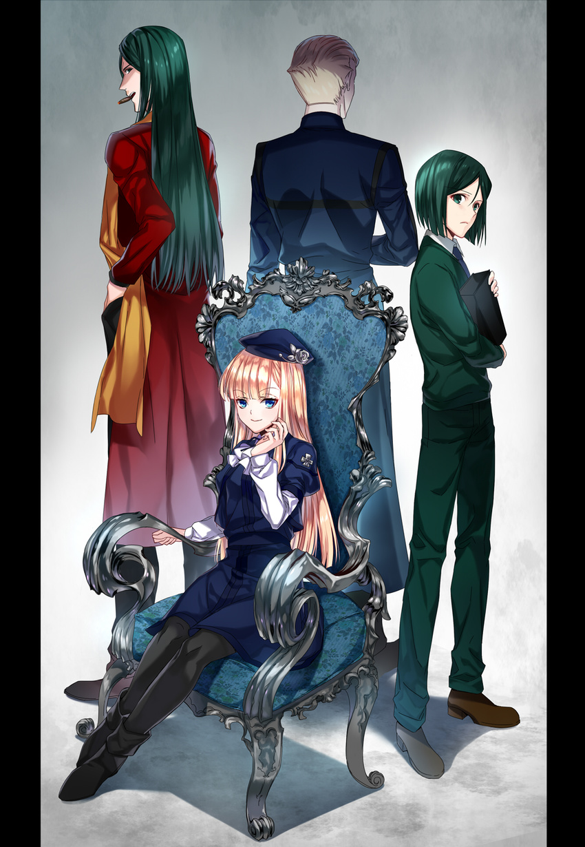 3boys black_legwear blonde_hair blue_eyes cigar dress dual_persona fate/stay_night fate/zero fate_(series) green_eyes green_hair hat highres kayneth_el-melloi_archibald long_hair lord_el-melloi_ii lord_el-melloi_ii_case_files md5_mismatch multiple_boys older pantyhose reines_archisorte_el-melloi short_hair sitting waver_velvet ycco_(estrella)