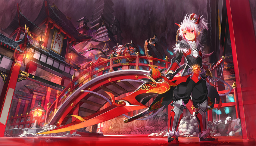 1girl alternate_color alternate_costume alternate_hairstyle architecture arm_at_side armor armored_boots bangs black_gloves black_legwear black_pants boots bridge brother_and_sister buddha closed_mouth creature cross-laced_clothes crossed_legs diamond_yaksha east_asian_architecture elesis_(elsword) elsword elsword_(character) fur_trim gate gloves hair_between_eyes hair_ornament highres holding holding_sword holding_weapon horns huge_weapon lantern legs_apart light_particles long_hair lotus_pedestal multicolored_hair nian pagoda pants pauldrons ponytail railing red_eyes red_hair riding ripples river rock rope sash scorpion5050 siblings sidelocks sidesaddle skull smile spikes standing standing_on_liquid statue suggestive_fluid sword thighhighs transparent two-tone_hair weapon