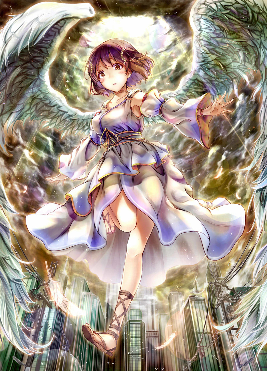 angel_wings ankle_lace-up breasts brown_eyes brown_hair cloud cross-laced_footwear detached_sleeves feathers hagiwara_yukiho highres idolmaster idolmaster_(classic) izuki_(toneya) light light_rays medium_breasts parted_lips sandals short_hair sky solo sunbeam sunlight wings