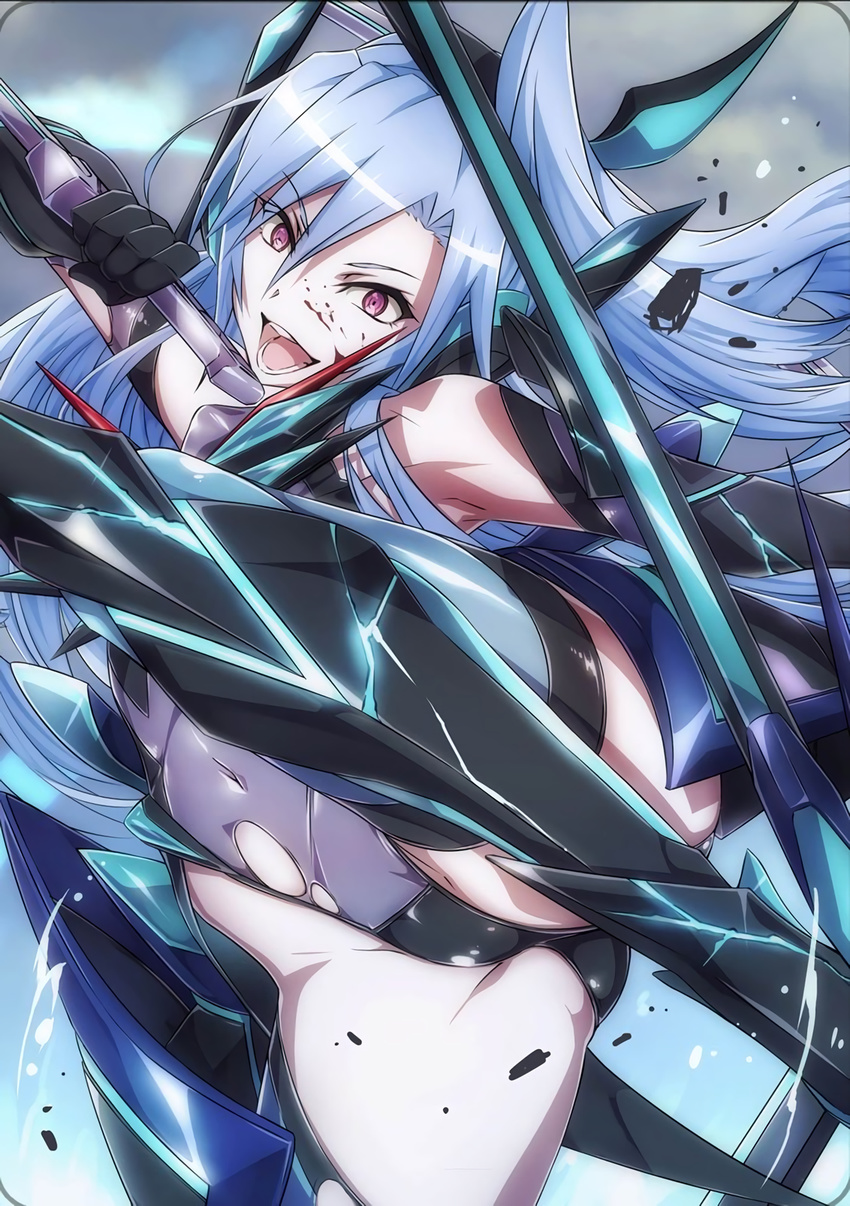 ass ass_visible_through_thighs blood blood_on_face blue_eyes blue_hair boots breasts corruption covered_navel covered_nipples dark_persona elbow_gloves gloves highres ignite_module kazanari_tsubasa leg_lift leotard long_hair medium_breasts niko_(tama) non-web_source one_side_up open_mouth pale_skin purple_eyes reverse_grip senki_zesshou_symphogear shiny shiny_clothes shiny_hair skin_tight smile solo sword sword_hilt teeth thighhighs torn_clothes torn_leotard weapon