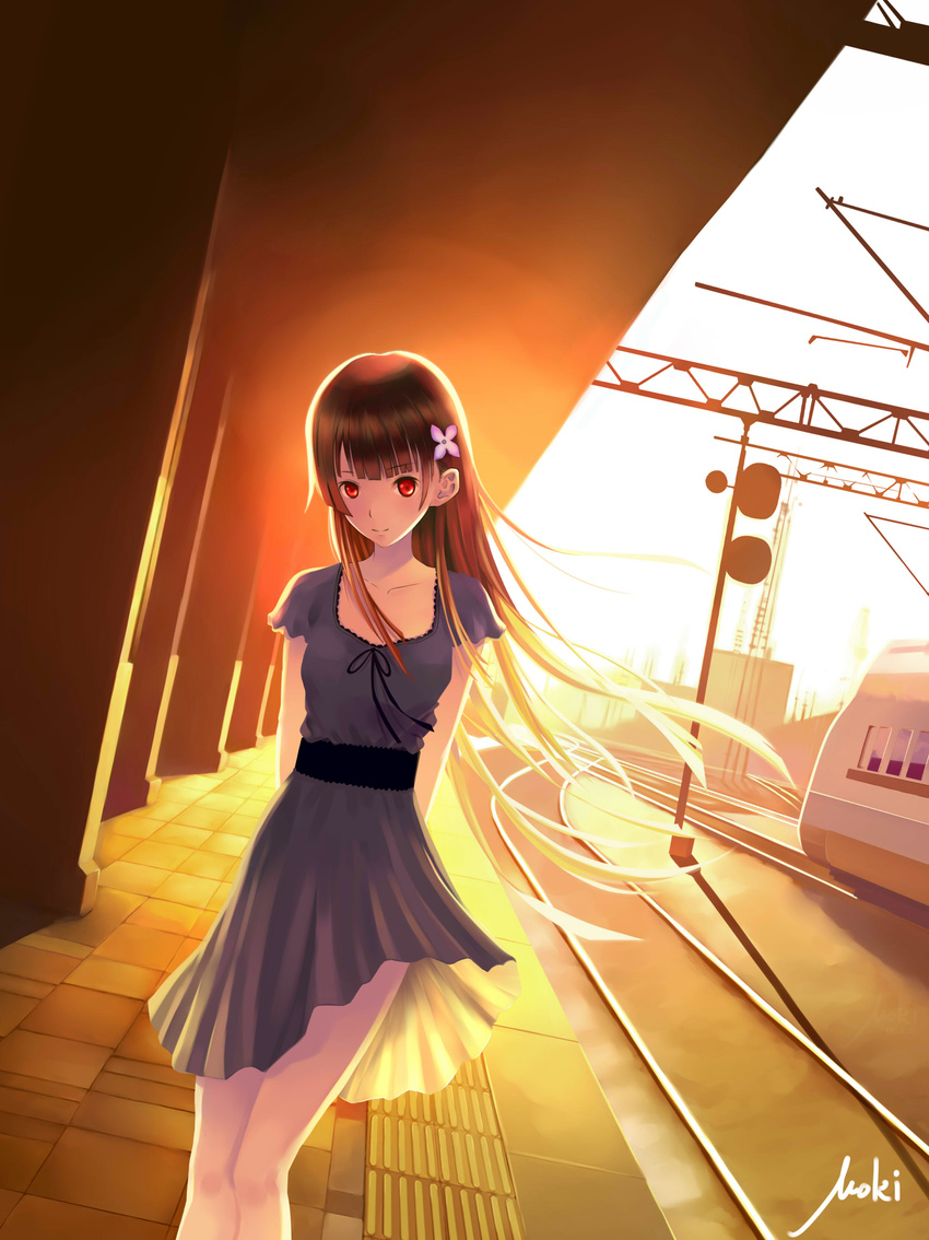 absurdres arms_behind_back black_hair collarbone dress hair_ornament highres long_hair looking_at_viewer outdoors red_eyes sanka_rea sankarea signature solo sundress